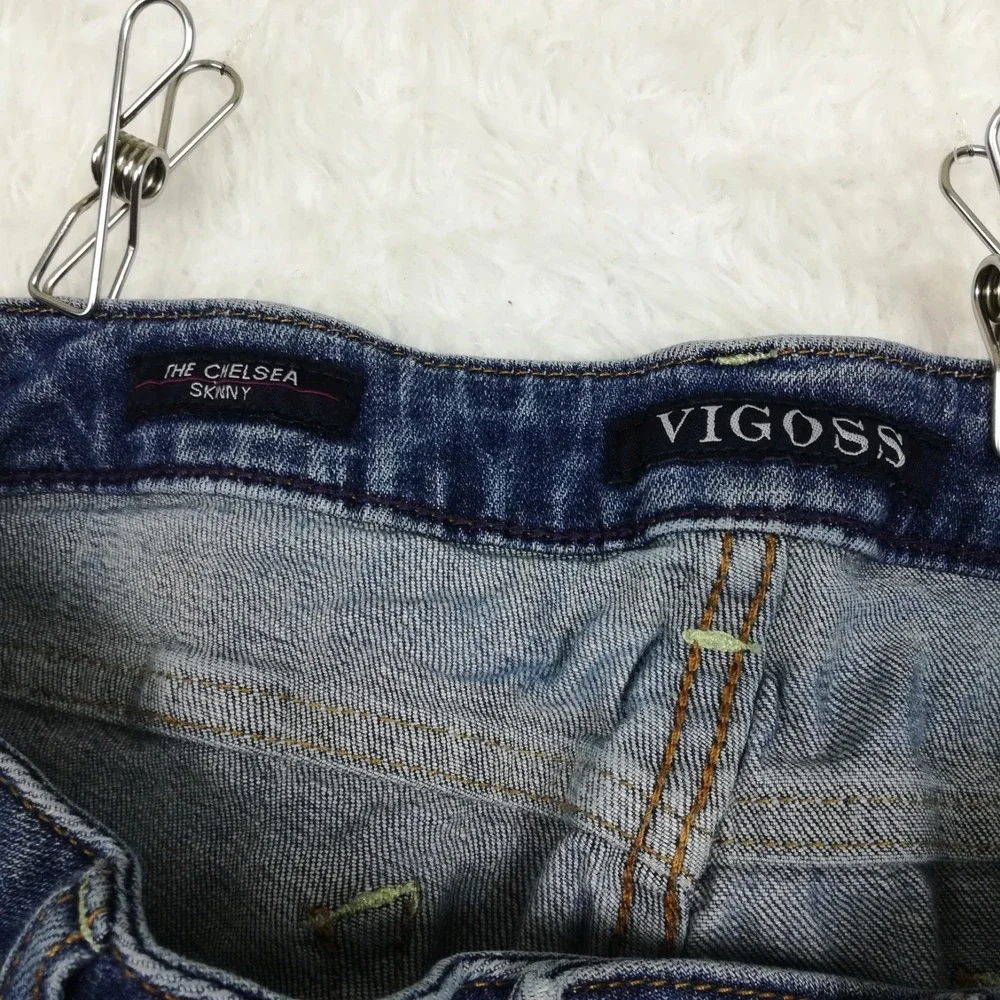 Vigoss Womens Jeans Chelsea Skinny Crop Blue Denim Raw Hem Mid Rise Distress 30
